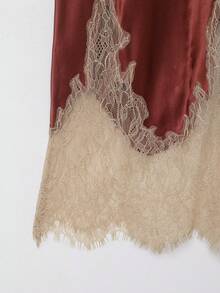 DEEKA 夏季新款女装时尚性感撞色蕾丝边缎面半身裙 - 暗紅色 - 查看 6