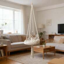 1件套手工编织猫吊床，波西米亚风格悬挂式猫床，带流苏猫抓柱，手工编织猫秋千吊床，纤维艺术猫床，四季皆宜 - 白色 - 查看 3