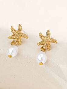 1 Pair Beach Vacation Ocean Style Starfish & Faux Pearl Pendant Earrings For Women - Gold - View 3