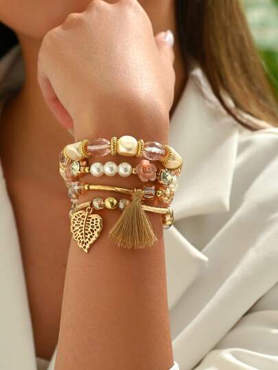 4pcs Fashionable Sexy Vintage Bohemian Metal Feeling Pearl Bracelet With Crystal Pearl Flower & Leaf Pendant, Suitable For Women Holiday Party Festival Wear