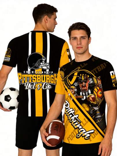 Áo thun thể thao nam thời trang Pittsburgh Football, màu sắc cổ điển của đội bóng, in toàn bộ họa tiết, cổ tròn, thích hợp làm quà tặng cho những người đam mê thể thao giải trí hàng ngày.