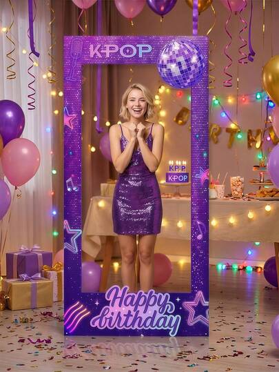 1pc-K-Pop Happy Birthday Photo Booth Frame: Sparkling Purple Disco Ball & Music Note Design – Polyester Fabric Ideal For K-Pop Themed Birthday Party/Indoor & Outdoor Event Backdrop, Fun Photo Prop & Party Decoration