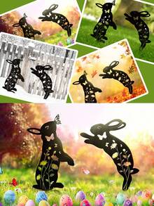 1pc New Iron Hollow Animal Yard Stake - Cat, Dog, Rabbit Lawn Marker, Suitable For Easter And Baby Shower Garden Decor - Black - View 6