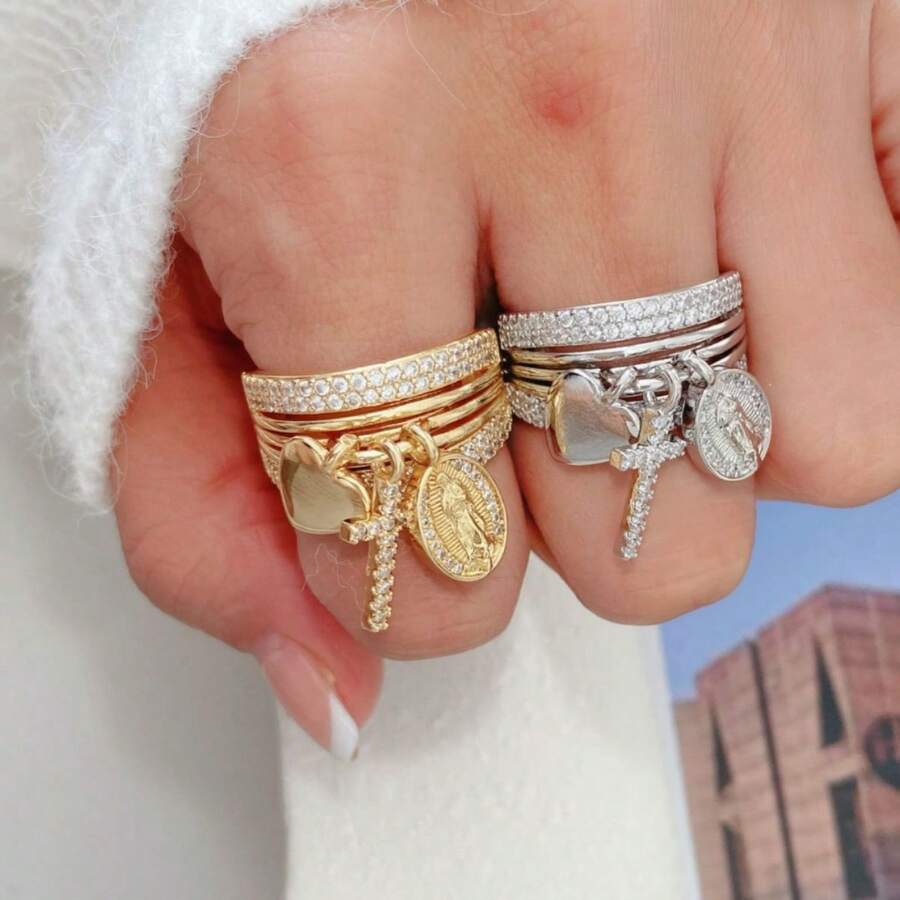 1pc New Style Side-Set Heart & Cross Religious Pendant Ring, Multi-Circle Adjustable Open Ring With Pave Zirconia Stones - Gold - View 1