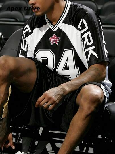 Bộ áo đấu bóng rổ phối màu đen trắng, số 24 và huy hiệu ngôi sao, áo thun thể thao thường ngày.