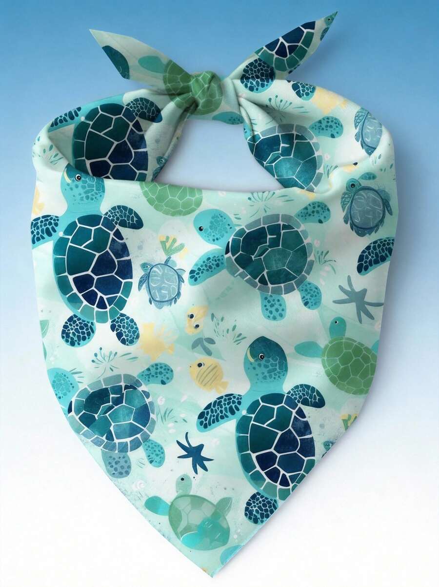 PETSIN 1pc Turtle Dog Scarf - Turquoise Blue & Mint Green Turtle Print With Starfish Pattern, Adjustable For Medium To Large Dogs, Turquoise Ocean Themed Pet Apparel, Suitable For Beach Walks And Swimming Accessories - Multicolor - View 1