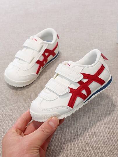 [Bestseller] Kids' Red & White Contrast Color Casual Sneakers, Spring New Arrival, Hook And Loop Soft Non-Slip Soles, Boys & Girls Toddler Walking Shoes - Please Refer To Size Chart For Fit