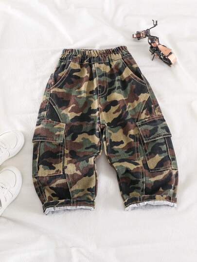 Boys' Loose Fit Camouflage Cargo Pants, Suitable For Casual, School, Outdoor Wear, Spring