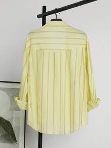 Women's Striped Embroidered Long Sleeve Loose Casual Shirt, Spring/Summer - Yellow - View 2