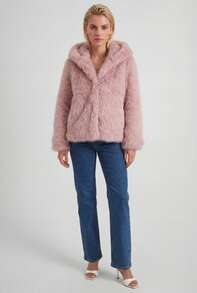 Naf Naf Short Powder Pink Faux Fur Jacket With Hood Manteaux En Fausse Fourrure Pink Faux Fur - Pink - View 2