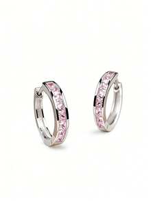 925 Silver Square Shiny Zirconia Double Circle Earrings 1.5cm Hypoallergenic Daily Party Gift Box - Pink - View 1