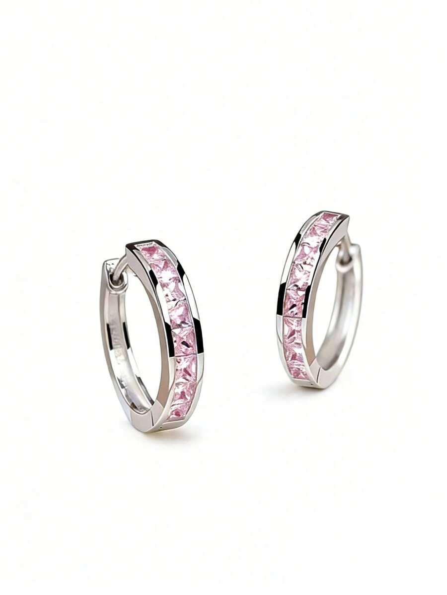 925 Silver Square Shiny Zirconia Double Circle Earrings 1.5cm Hypoallergenic Daily Party Gift Box - Pink - View 1