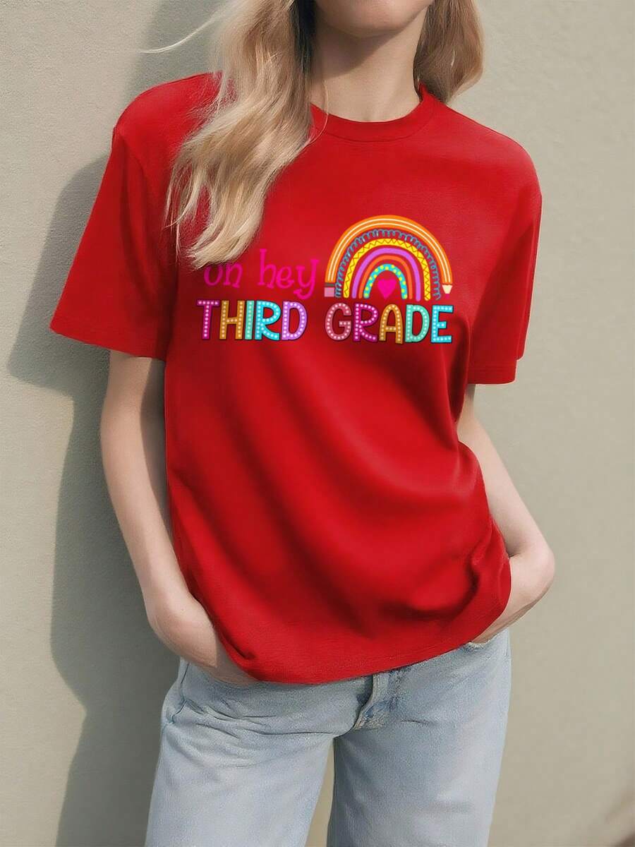 Playera Para Mujer,Regreso A Clases Estético Arco Iris Camiseta Gráfica, Oh Hey Camiseta De 3er Grado De Regreso A La Escuela Para Estudiantes Y Maestros Primer Día - Rojo - Ver 1