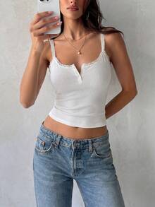 Faeriesty Women's White Ribbed Knit Cami Top Lace Trim Button Front Sleeveless Crop Tank For Summer Tops, Summer Outfits, Casual Women Outfits, Daily Wear, Vacation Outfits Women - White - View 1