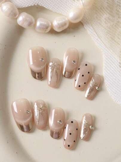 10pcs Press On Nails Short Acrylic Nail Kit Cat's Eye Golden French Style Bow Fake Nails Short Office DailyWear False Nails Artificial Nails Kit Includes 1sheet Adhesive Tabs &1 Pc Mini File