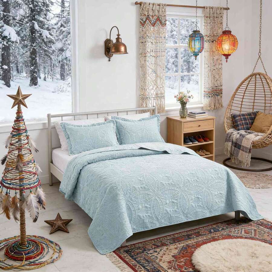 3 Pcs Bed Comforter Set,Queen Comforter Set,Edredones Para Cama Queen Size Quilt Bedding Set,White Lightweight Microfiber Quilt,Modern Geometric 3-Piece Set(1 Quilt+2 Pillow Shams) Queen/Full 90''X96'' Soft Skin-Friendly Breathable Fluffy Cozy Lightweight All-Season Holiday Bedding For Bedroom Living Room Home Dorm Office Decor - Baby Blue - View 1