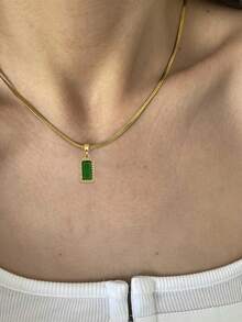 1pc Girl's Pendant Necklace, Minimalist Layered Design, Stainless Steel Flat Chain With Inlaid Green Zirconia Rectangular Pendant, Versatile Daily Wear Gift Accessory - Yellow Gold - View 7