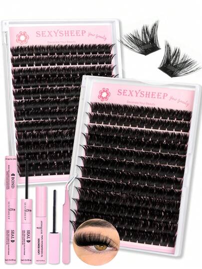 SEXYSHEEP 168pcs False Eyelashes Set, DIY Eyelash Tools Kit, 200D Lash Clusters Eyelash Extension Kit, Personal D Curl Eyelash Set, Individual Lashes Kit With Lash Bond And Seal, Remover ,Lash Tweezers For Self Use