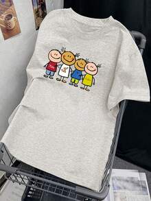 日系女式圆领宽松休闲卡通印花短袖T恤，春夏款 - 淺花灰 - 查看 4