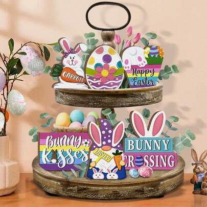 6pcs Easter Tiered Tray Decor, Cute Bunny Farmhouse Tray Decorations, Happy Easter Bunny Carrot Egg Gnome Colorful Wooden Signs, Rustic Easter Spring Decor For Home Table Shelf Mantel Party Holiday