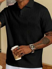 Men's Short-Sleeved Polo Shirt, Minimalist And Elegant, Made From Textured Jacquard Fabric In A Solid Color. Perfect For Leisure, Holidays And Outings, Making It An Ideal Gift For Family And Friends. - 黑色 - 查看 3