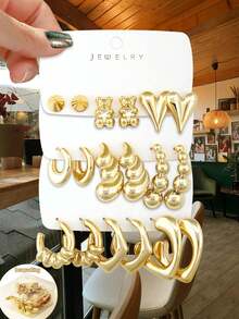 Betykuku 9pairs Fashionable European & American Style Gold Tone Stud Earrings Set, Daily & Party Wear Jewelry Gift For Women & Girls - Gold - View 16