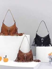 1 Piece Of Women's Bag, Brown, Retro Tassel Crescent Bag, Bohemian Style Crescent Bag, Western Style Tassel Shoulder Bag, Retro Brown Crossbody Bag, Women's Shoulder Bag - Brown - View 6