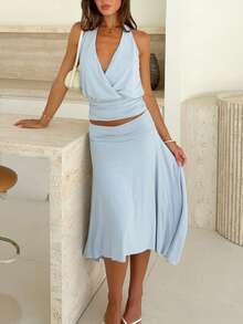 Women Cowl Neck Halter Tops Draped Front Low Cut Backless Tank Top Ruched Open Back Going Out Tops - Sky Blue - View 2