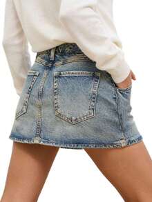 Womens Denim Mini Skorts With Pockets Casual Stylish Solid Mid Rise Jean Skirt For Summer - Blue - View 2
