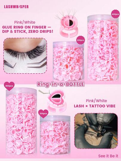 50/200/400pcs/Bottle Heart-Shaped Eyelash Glue Rings - Includes Eyelash Glue Holder And Fan Cup, Professional Eyelash Extension Supplies