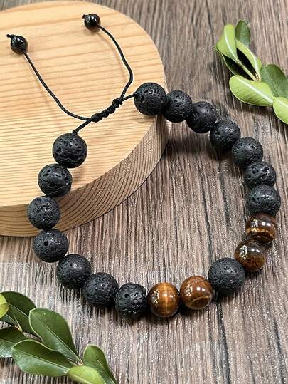 YAUKIA 复古男士串珠手链，天然石材质，可调节长度，火山石黄虎眼石香薰手链，舒缓压力饰品礼品