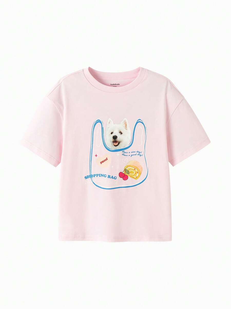 Balabala 少女图案T恤，男女童短袖纯棉T恤，可爱酷炫印花 - 白紅色 - 查看 1