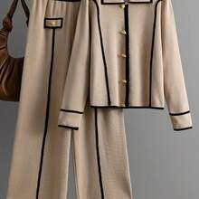 Autumn/Winter European And American New Style Collar Set For Women: Soft And Thick Sweater+ High-Waisted Wide-Leg Pants, And Flattering, Casual And Work-Style Two-Piece Set - Màu Khaki - Xem 1