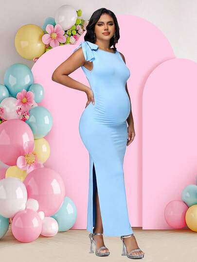 JustVH 不对称领口扭肩无袖纯色长款连衣裙，适合孕妇穿着，也适合参加迎婴派对和夏季春季穿着。