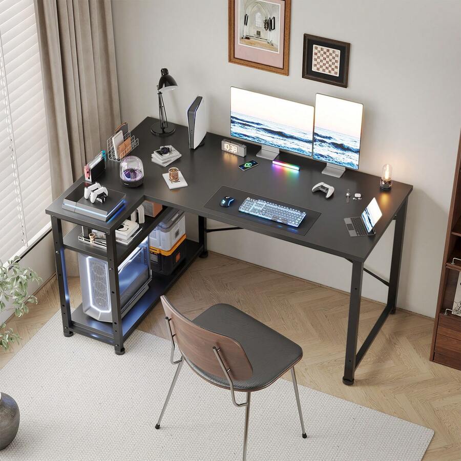 Gunji 110cm L-Shaped Desk, Reversible Corner PC Workstation With Shelves & Hooks For Home Office & Bedroom - 黑色 - 查看 1