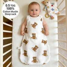 0.5 TOG Soft & Breathable Baby Sleeping Bag | Spring/Summer 100% Cotton Muslin Sleeveless Baby Sleeping Bag, Cute Bear Pattern, Suitable For 0-18 Months - Bear - View 9