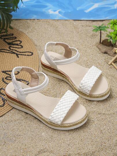 1双女童夏季时尚高跟凉鞋，简约编织舒适厚底休闲轻便，适合日常、度假、海滩穿着，百搭露趾坡跟凉鞋