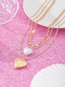 3pcs Fashionable Resin Openable Heart Pendant Necklace Set, Suitable For Women Party, Gathering, Daily Wear, Street Style, Versatile, Valentine's Day Gift - Yellow Gold - View 4