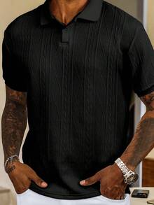 Men's Short-Sleeved Polo Shirt, Minimalist And Elegant, Made From Textured Jacquard Fabric In A Solid Color. Perfect For Leisure, Holidays And Outings, Making It An Ideal Gift For Family And Friends. - 黑色 - 查看 4
