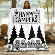 1pc Personalized Camping Blanket - Custom Name/Text, Soft Lightweight Flannel Throw With Happy Campers, Pine Trees & Vintage Trailers - For Home, Camping, Gifts - Birthday, Anniversary, Housewarming Present - All-Season Cozy Decor, Outdoor Essentials, Playful Design, Durable Material, Home Decorators - White - View 3