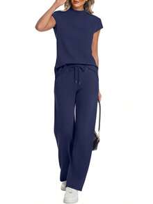 Two Piece Sets For Women 2026 Summer Travel Outfits Mock Neck Cap Sleeve Tops Lounge Set Wide Leg Pants Suitable For Long Travel Days, Airport Outfits, Busy Schedules, Light Exercise, And Relaxed Evenings Adapts Smoothly To Changing Plans - Màu xanh hải quân - Xem 5