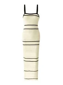 Women's Elegant Soft Minimalist Black & White Striped Sleeveless Fitted Maxi Knit Dress, Casual Beach Hollow Out Bodycon Mid-Length Crochet Swimsuit Cover Up, Spring/Summer/Autumn - Light Yellow - View 7