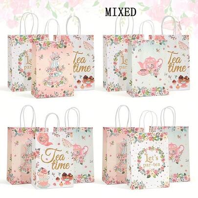 25个/12个/6个装花卉礼品袋，粉绿相间的春季主题纸袋，图案精美，适合茶会等场合，是生日、婚礼、母亲节、感恩节等庆祝活动的理想之选，也适用于毕业典礼、情人节、父亲节、教师节、母亲节、生日礼物和婚礼季礼品包装。