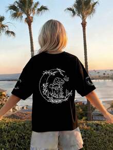 Kaos Lengan Pendek Longgar Kasual Motif Bulan & Jamur untuk Remaja Perempuan - Cocok untuk Sekolah dan Aktivitas Luar Ruangan di Musim Semi/Panas - Hitam - View 9