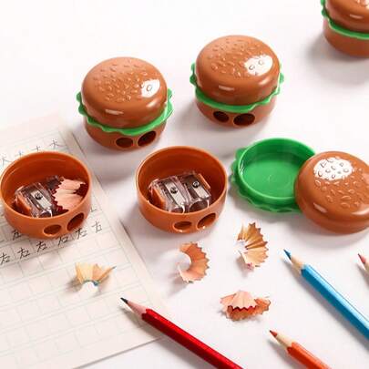 1pc Creative Realistic Hamburger Shaped Dual Hole Mechanical Pencil Sharpener, Cartoon Design, Suitable For School Supplies And Prizes