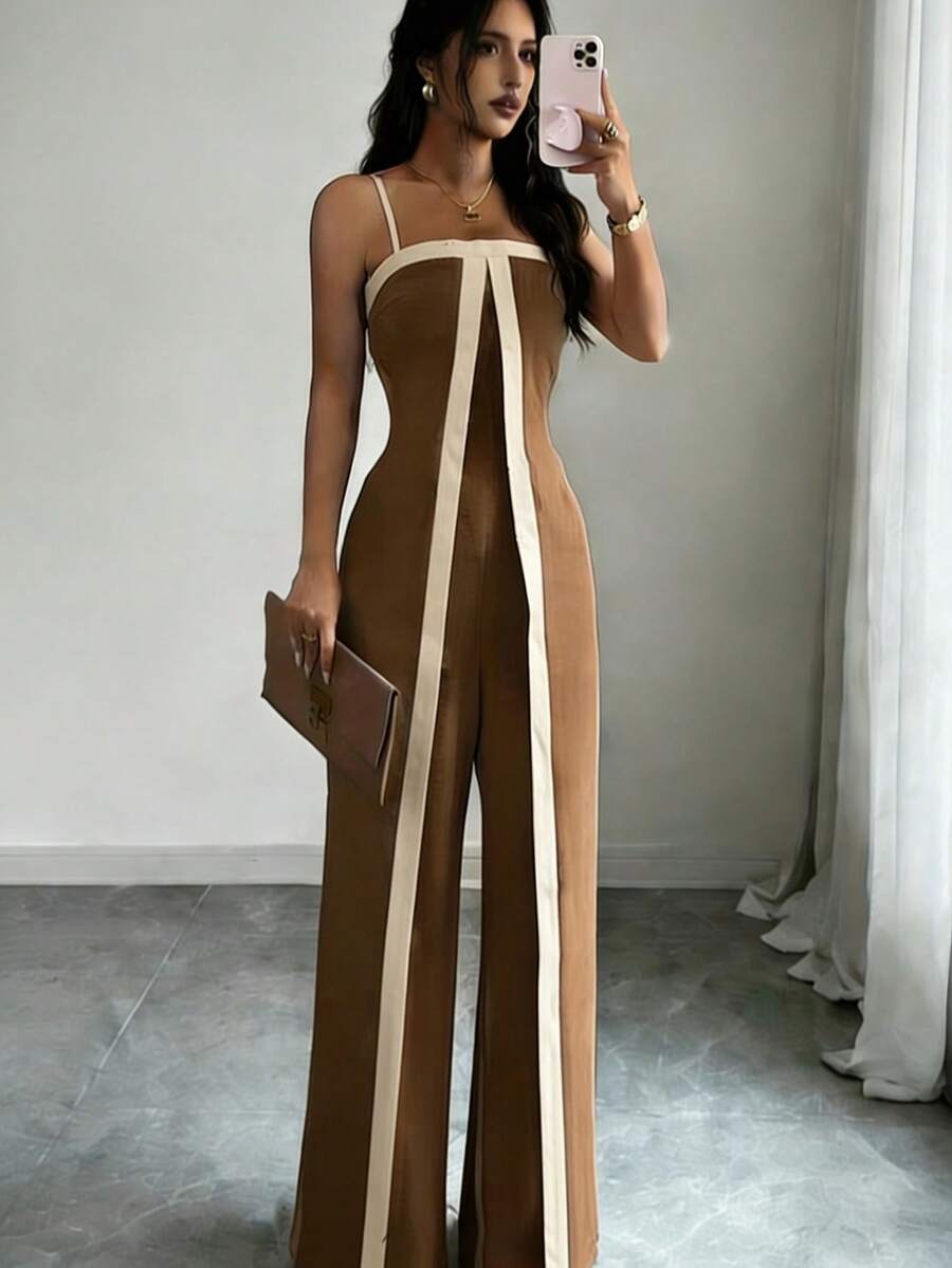 Women's Striped Jumpsuit, Elegant And High Quality, High Waist, Loose Fit, Stylish And Casual. H-14 - 駝色 - 查看 1