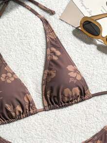 Spring Summer Women's Floral Print Bikini Set|Adjustable Triangle Top & Low-Rise Hipster Bottom In Earth Tone| Y2K Bikini For Tropical Vacations & Beach Parties|Designed For Confident Women Seeking Sexy Summer Style - màu nâu - Xem 3