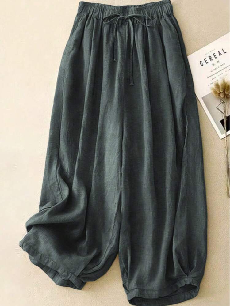 Pantalones cómodos y casuales de cintura alta con elástico y caída de lino, adecuados para otoño, verano y primavera - Gris Oscuro - Añade 4