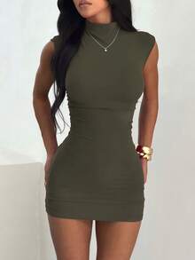 一件纯色褶皱高领弹力夏季连衣裙，黑色，适合情人节、优雅派对、海滩、婚礼、毕业典礼、生日和其他场合，春季派对。 - 綠色 - 查看 2