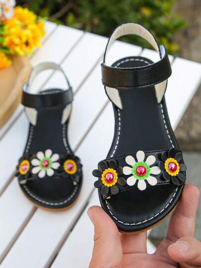 1 Pair Girls' Summer Flat Sandals, Suitable For Girls' Daily Wear To School And Outings, Fashionable Floral Hook And Loop Solid Color Comfortable Casual Open Toe Beach Sandals